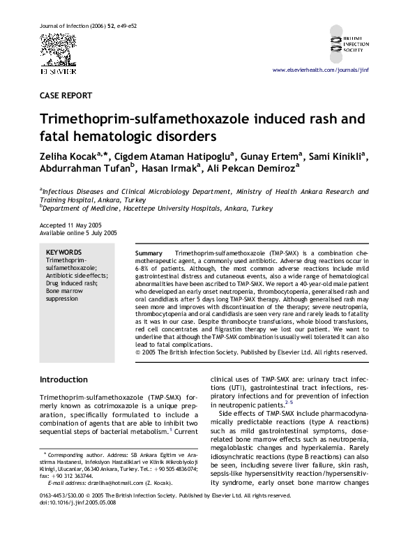 (PDF) Trimethoprimsulfamethoxazole induced rash and fatal hematologic disorders Hasan Irmak