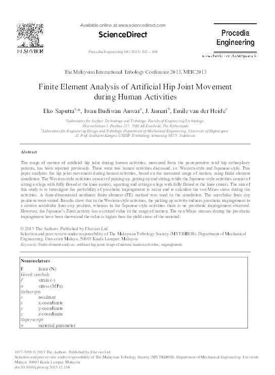 (PDF) Finite Element Analysis of Artificial Hip Joint Movement During ...