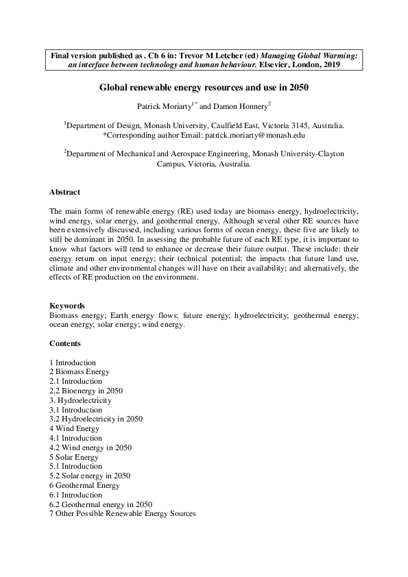 Pdf Global Renewable Energy Resources And Use In 2050