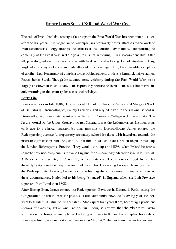(DOC) Father James Stack CSsR: Chaplain in World War One