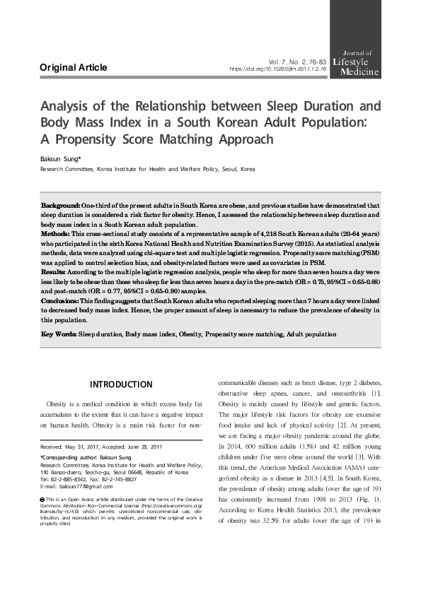 (PDF) Analysis of the Relationship between Sleep Duration and Body Mass ...