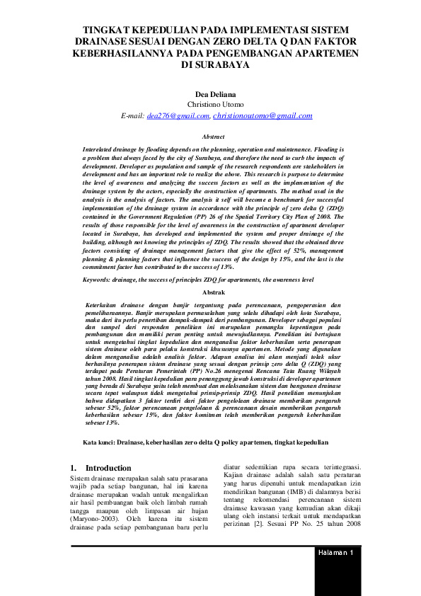 (PDF) TINGKAT KEPEDULIAN PADA IMPLEMENTASI SISTEM DRAINASE SESUAI ...
