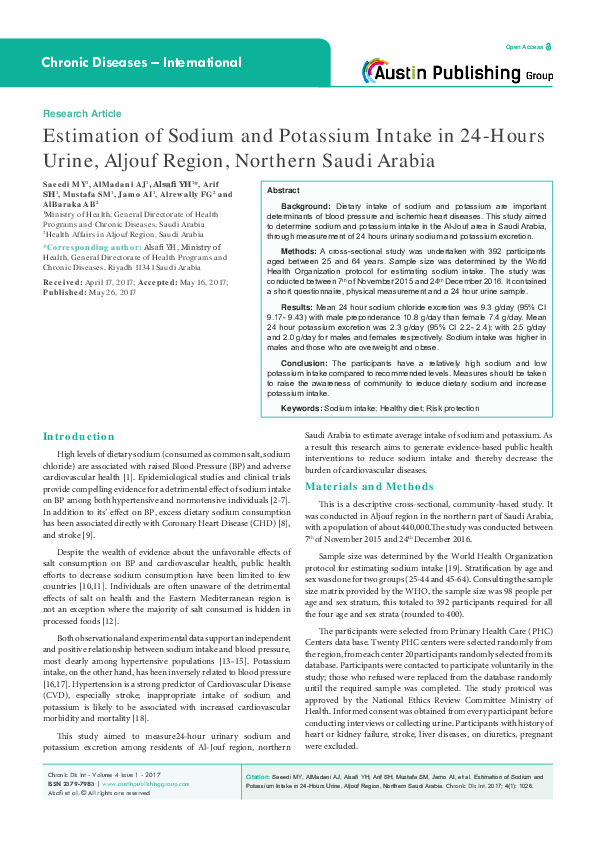 (PDF) Estimation of Sodium and Potassium Intake in 24-Hours Urine ...