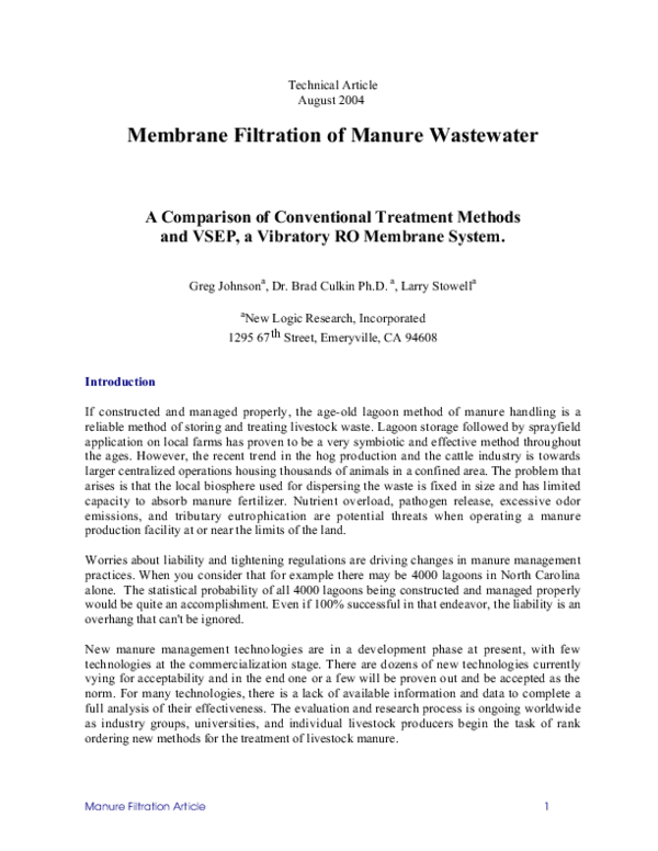 (PDF) Membrane Filtration of Manure Wastewater A Comparison of