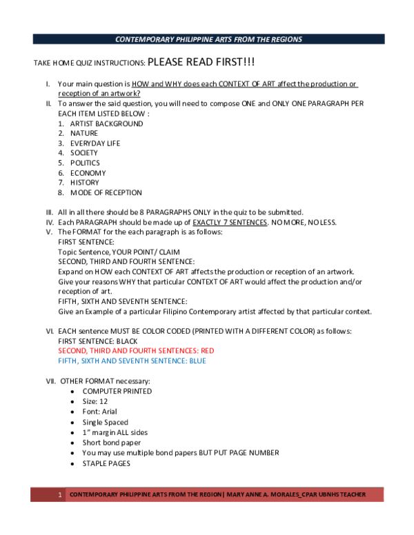 (DOC) CONTEMPORARY PHILIPPINE ARTS FROM THE REGIONS TAKE HOME QUIZ