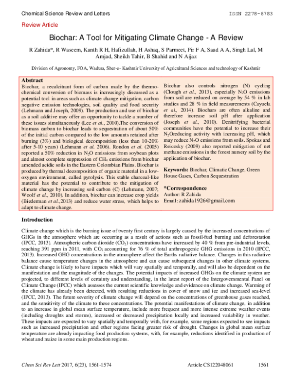 (PDF) Biochar: A Tool for Mitigating Climate Change -A Review