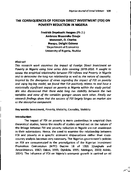 (PDF) THE CONSEQUENCES OF FOREIGN DIRECT INVESTMENT (FDI) ON POVERTY ...