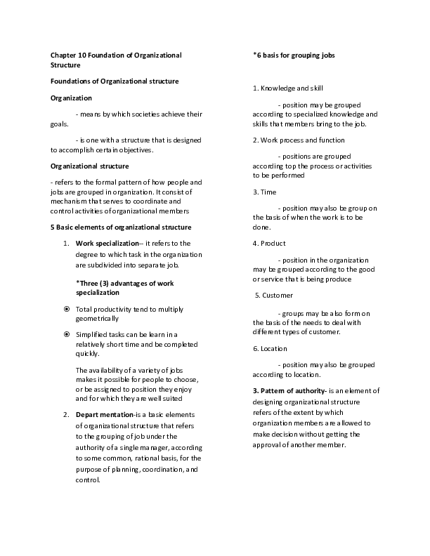 (DOC) Chapter 10 Foundation of Organizational Structure Foundations of ...