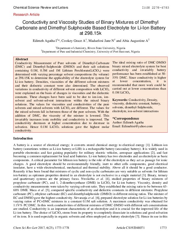 (PDF) Conductivity and Viscosity Studies of Binary Mixtures of Dimethyl ...