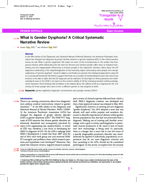 (PDF) hat Is Gender Dysphoria? A Critical Systematic Narrative Review