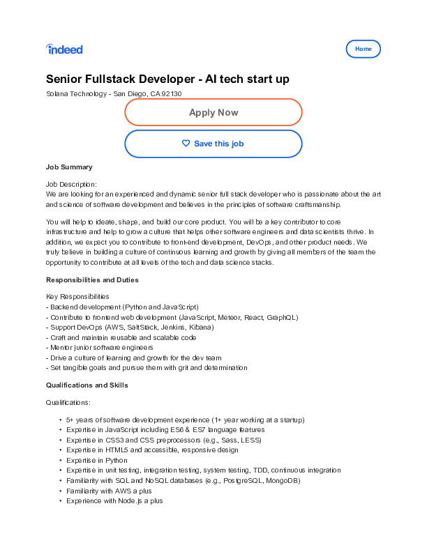 (PDF) Senior Full Stack Developer Role at AI Startup in San Diego