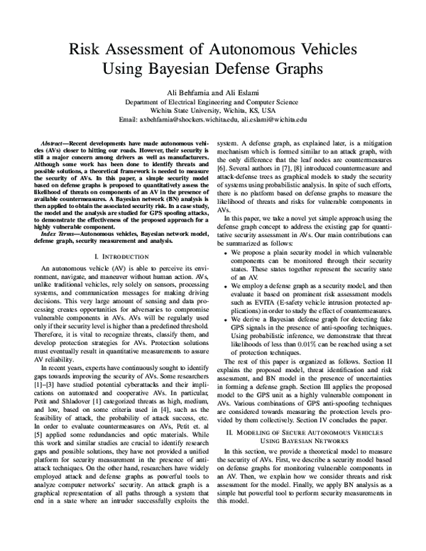 (PDF) Risk Assessment of Autonomous Vehicles Using Bayesian Defense Graphs
