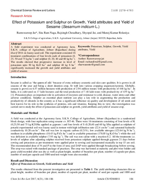 (PDF) Effect of Potassium and Sulphur on Growth, Yield attributes and ...
