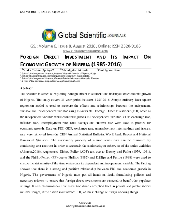 (PDF) FOREIGN DIRECT INVESTMENT AND ITS IMPACT ON ECONOMIC GROWTH OF ...