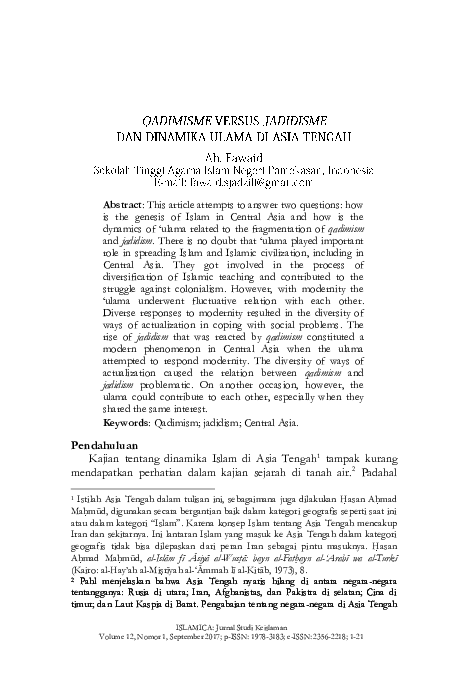 (PDF) Qadimisme versus Jadidisme dan Dinamika Ulama di Asia Tengah