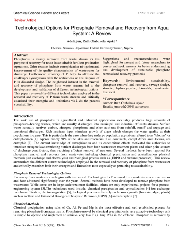 (PDF) Technological Options for Phosphate Removal and Recovery from