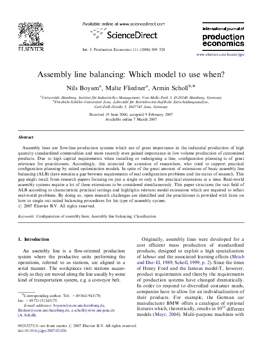 (PDF) Assembly line balancing Which model to use when Seth Zaim