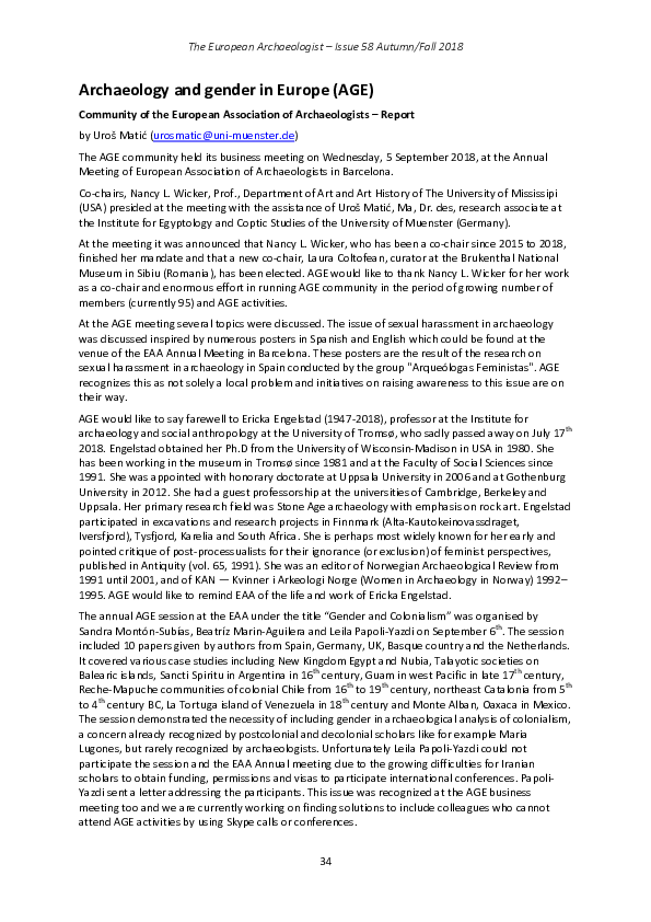 (PDF) Archaeology and gender in Europe (AGE) Community of the European