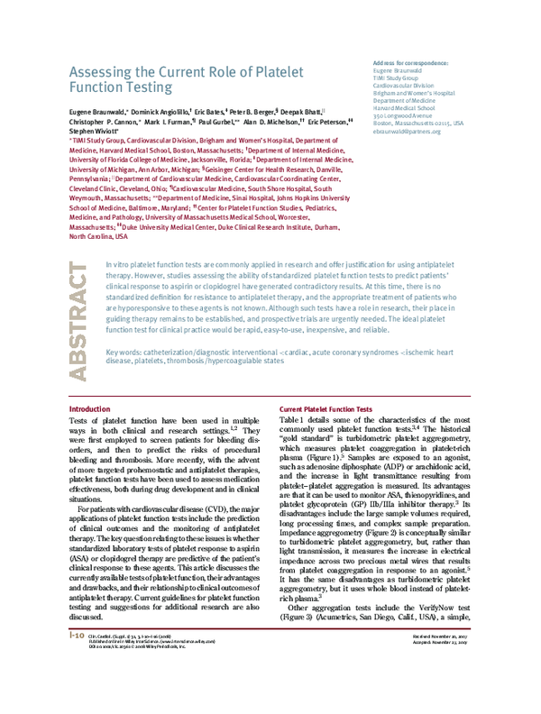 (PDF) Assessing the Current Role of Platelet Function Testing