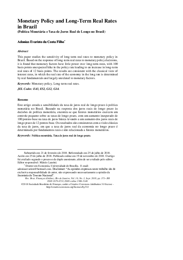 (PDF) Monetary Policy and Long-Term Real Interest Rates in Brazil