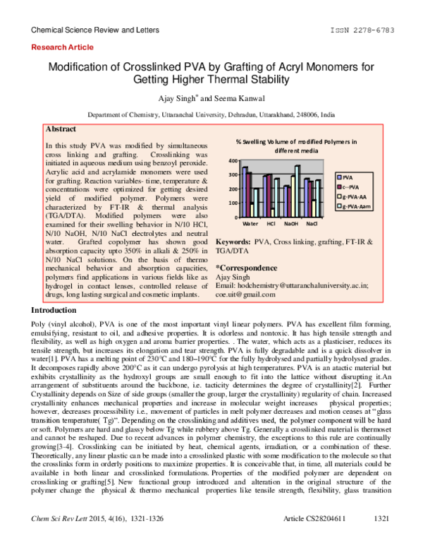 (PDF) Modification of Crosslinked PVA by Grafting of Acryl Monomers for ...