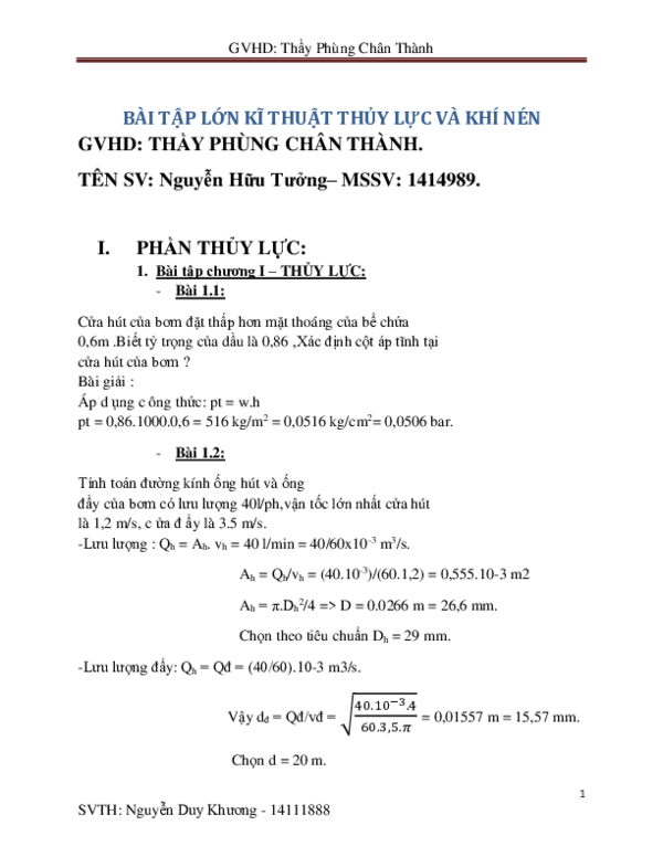 First page of “Bài tập thủy lực”