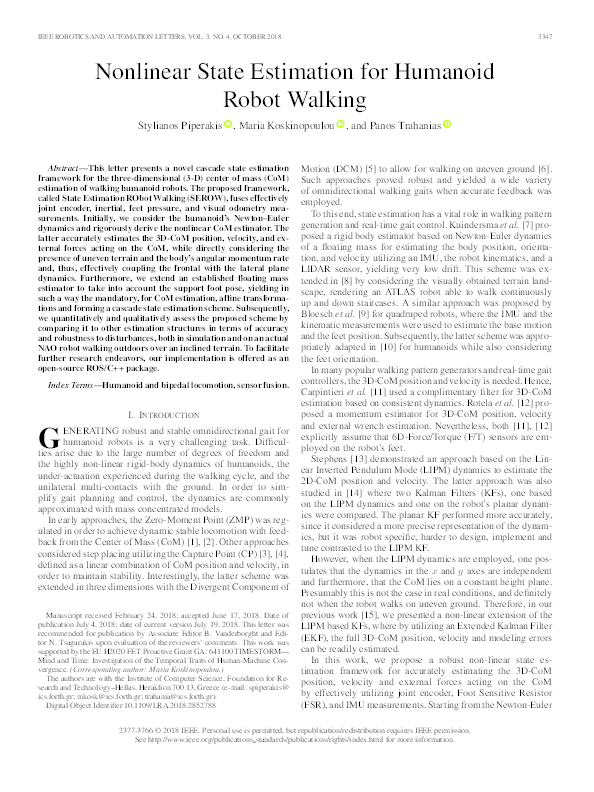 (PDF) Nonlinear State Estimation for Humanoid Robot Walking
