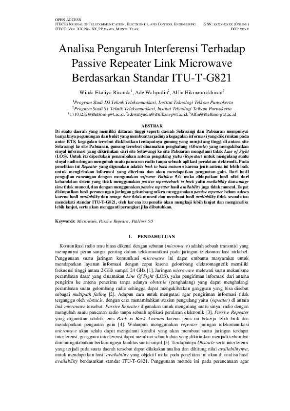 (PDF) Analisa Pengaruh Interferensi Terhadap Passive Repeater Link