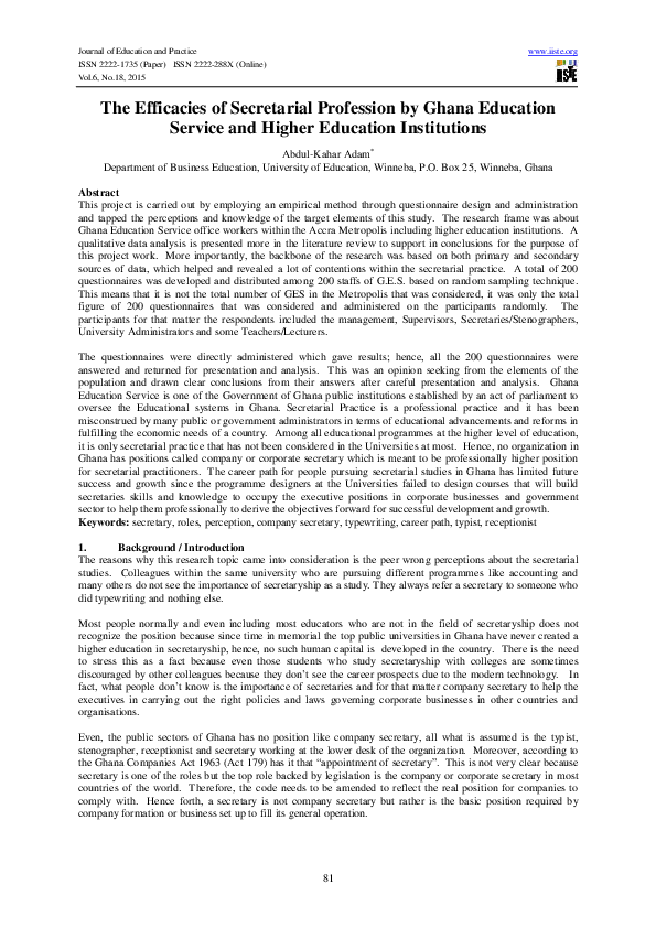 (PDF) The Efficacies of Secretarial Profession by Ghana Education