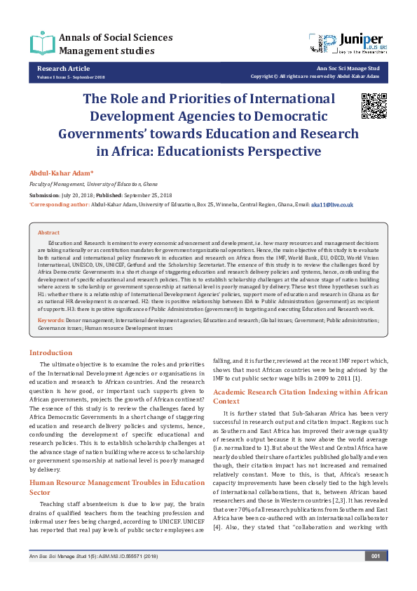 (PDF) The Role and Priorities of International Development Agencies to ...