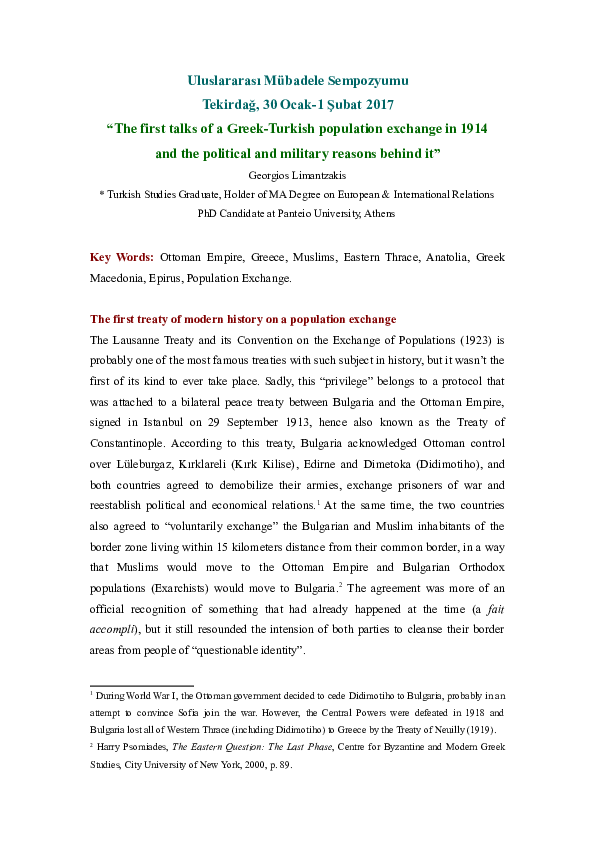 (DOC) The first talks of a GreekTurkish population exchange in 1914