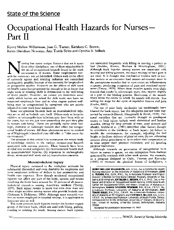(PDF) Occupational Health Hazards for NursesPart II Cynthia Selleck