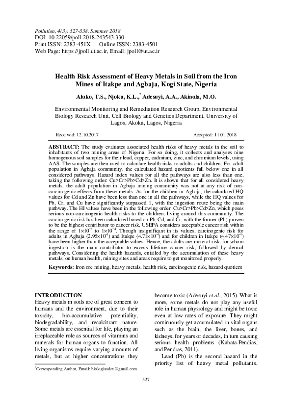 (PDF) Health Risk Assessment of Heavy Metals in Soil from the Iron ...