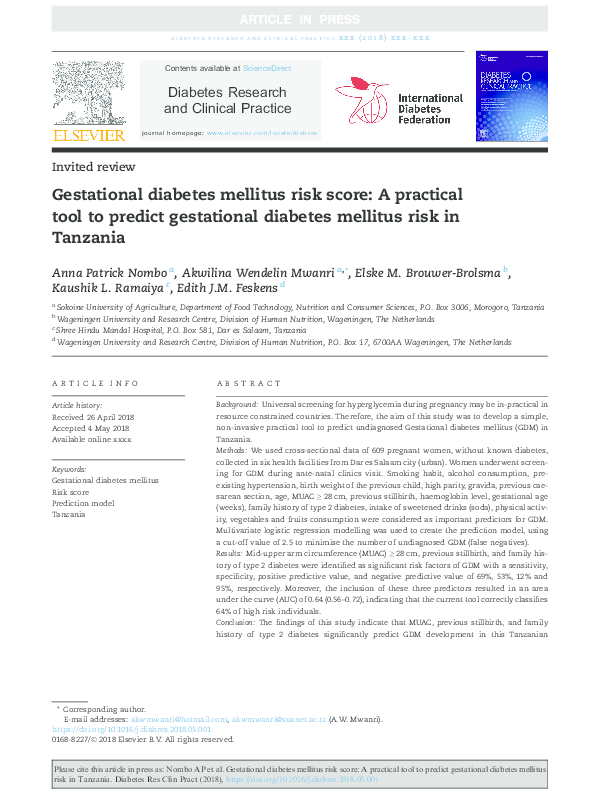 (PDF) Gestational diabetes mellitus risk score: A practical tool to ...