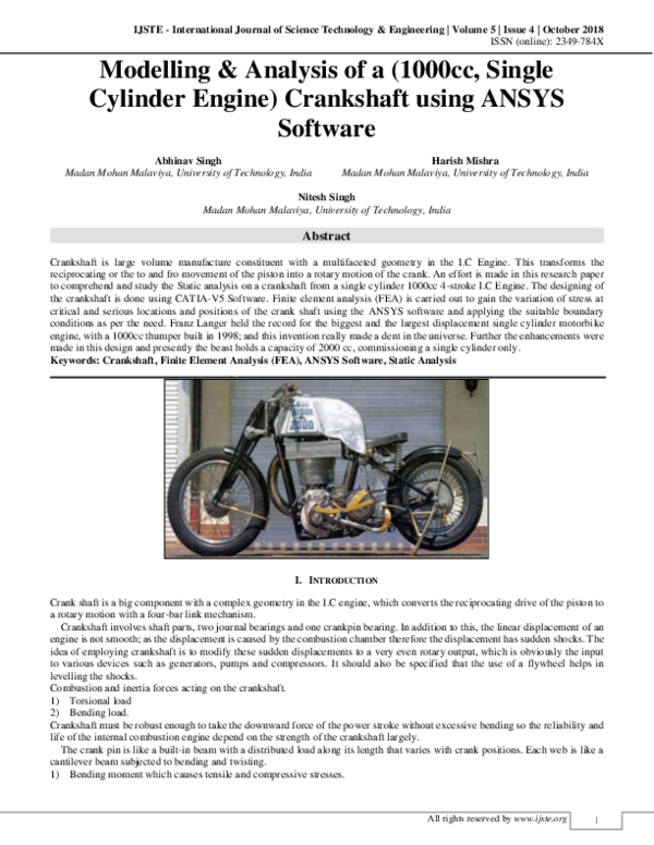 (PDF) Modelling & Analysis of a (1000cc, Single Cylinder Engine) Crankshaft using ANSYS Software