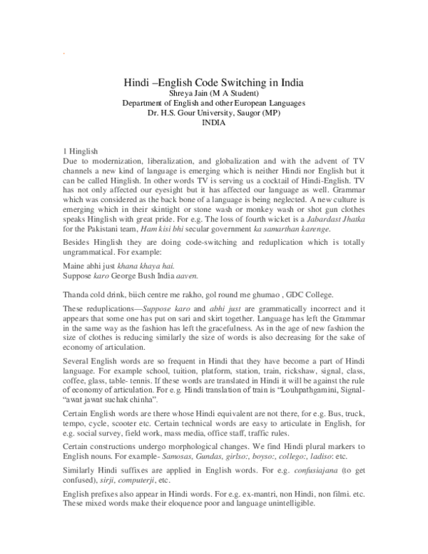 (PDF) HindiEnglish Code switching in India Buddhabhushan Sonkamble