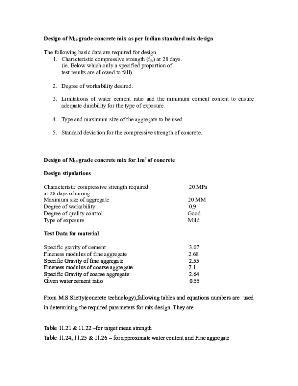 (DOC) Design of M 20 grade concrete mix as per Indian standard mix