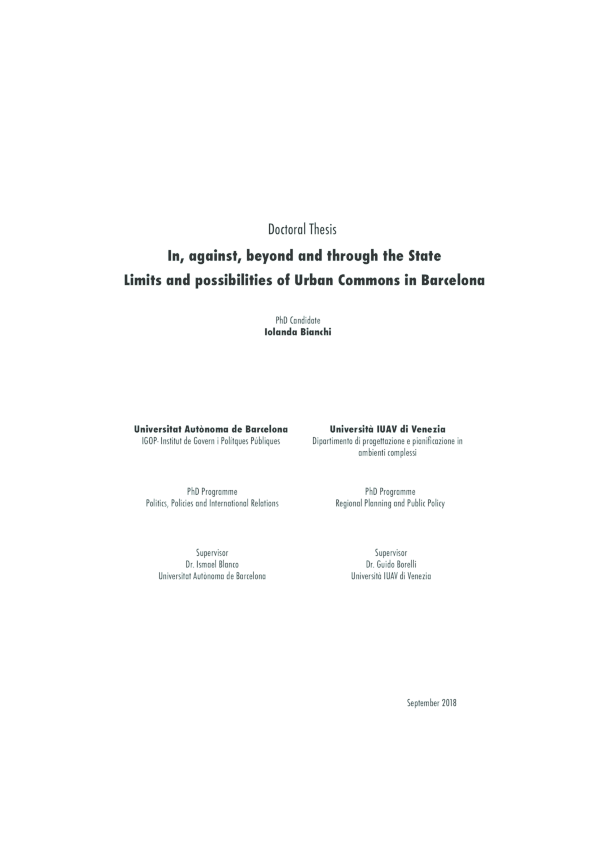 First page of “In, against, beyond and through the State. Limits and possibilities of Urban Commons in Barcelona”