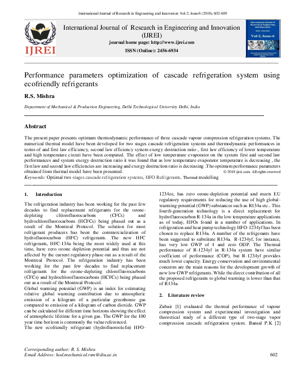 (PDF) Performance parameters optimization of cascade refrigeration ...