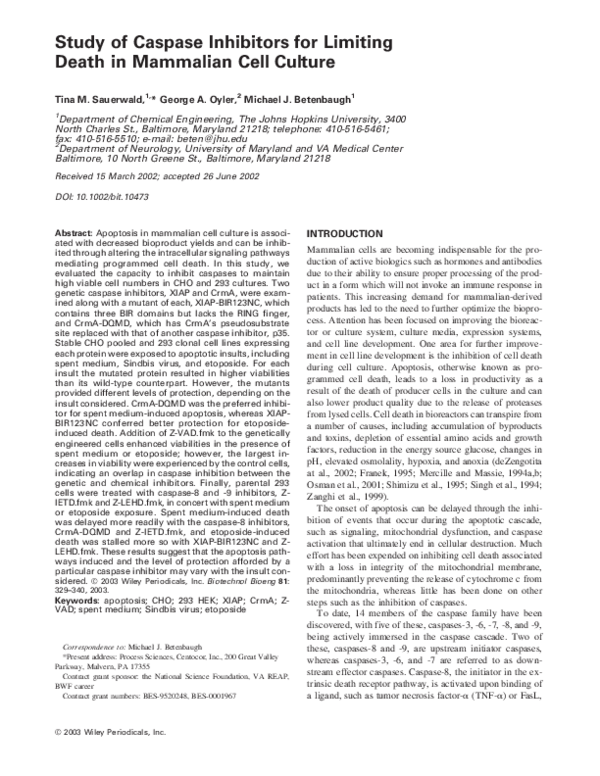 (PDF) Study of caspase inhibitors for limiting death in mammalian cell ...