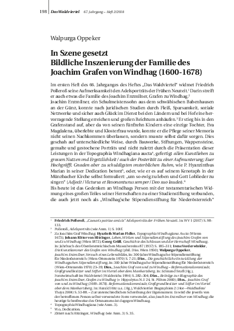 Walpurga Oppeker, In Szene gesetzt Bildliche Inszenierung der Familie des Joachim Grafen von Windhag (1600-16768). In: Das Waldviertel 67, 2018/2, 198-216