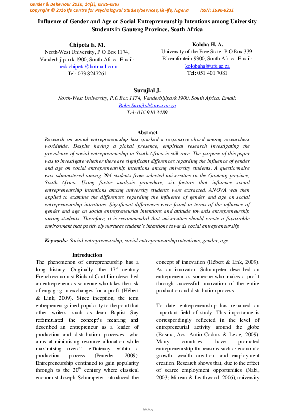 (PDF) Influence of Gender and Age on Social Entrepreneurship Intentions ...