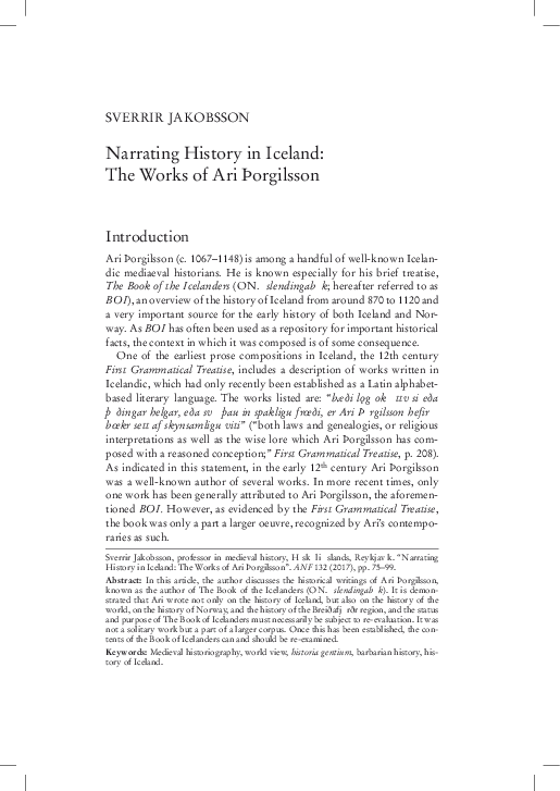 Iceland, Norway and the World: Ari Þorgilsson as a Narrator of Barbarian History