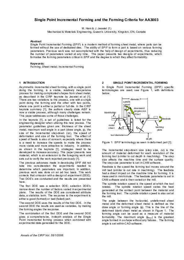 (PDF) Single Point Incremental Forming and the Forming Criteria for AA3003