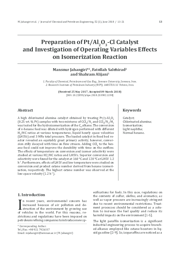 (PDF) Preparation of Pt/Al2O3-Cl Catalyst and Investigation of ...