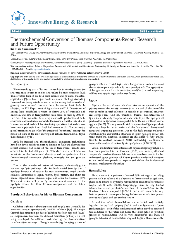 (PDF) Thermochemical Conversion of Biomass Components-Recent Research ...