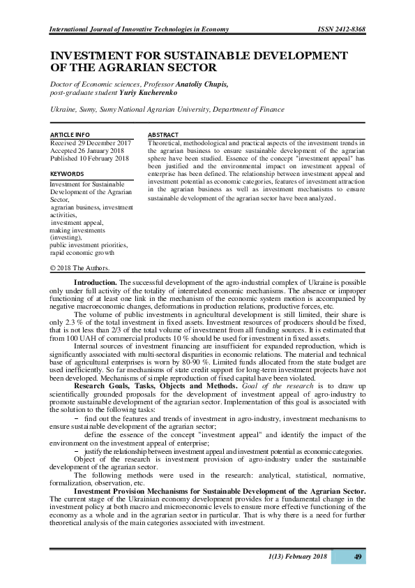 (PDF) INVESTMENT FOR SUSTAINABLE DEVELOPMENT OF THE AGRARIAN SECTOR