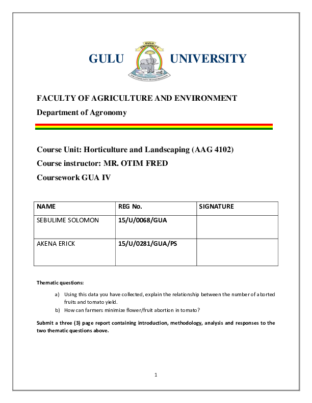 (DOC) GULU UNIVERSITY FACULTY OF AGRICULTURE AND ENVIRONMENT