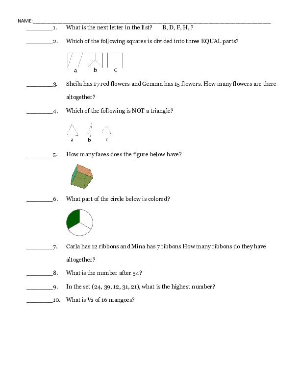 (DOC) 10 ITEM MATH TEST GRADE 1
