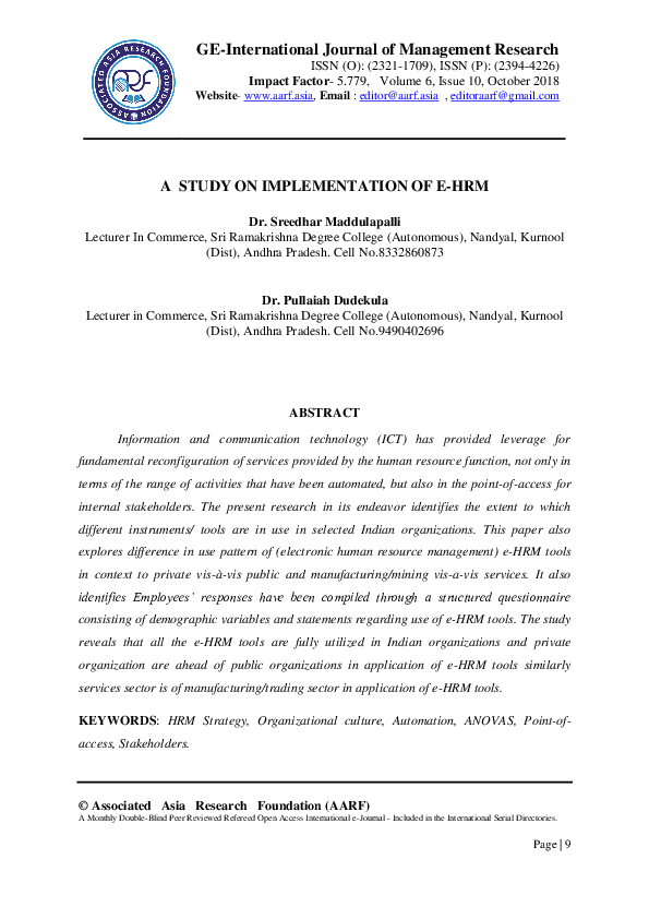 (PDF) A STUDY ON IMPLEMENTATION OF E-HRM